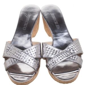 Jimmy Choo Silver Metallic Embossed Leather Panna Cork Slides Size 37.5